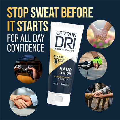Certain Dri Antiperspirant Hand Lotion – 24-Hour Sweat Protection for Excessive Sweating & Palmar Hyperhidrosis, Fast-Drying, Non-Greasy, Fragrance-Free, Dermatologist-Tested, 1.3 oz