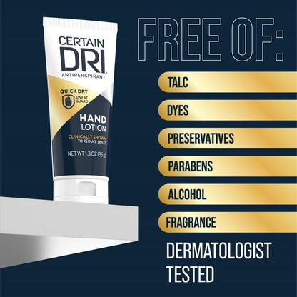 Certain Dri Antiperspirant Hand Lotion – 24-Hour Sweat Protection for Excessive Sweating & Palmar Hyperhidrosis, Fast-Drying, Non-Greasy, Fragrance-Free, Dermatologist-Tested, 1.3 oz