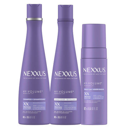 Nexxus HY-VOLUME Weightless Lift Shampoo, Conditioner & Foam 3 Pack - Protein Fusion with Collagen & Hyaluronic Acid for Flat, Limp Hair - 48 Hours of Volume (13.5 fl oz & 5.5 fl oz) Avelisse