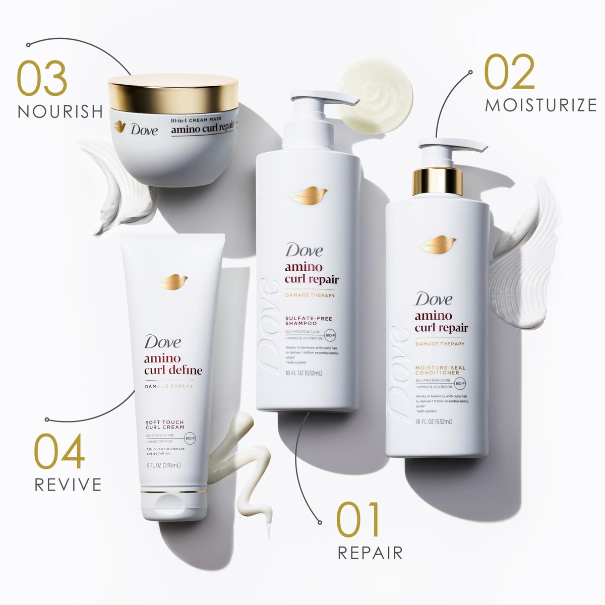 Dove Amino Curl Regimen Pack: Shampoo, Conditioner & Hair Mask for Curly, Coily Hair with Bio-Protein Care Technology & Jojoba Oil (4 Piece Set) Avelisse