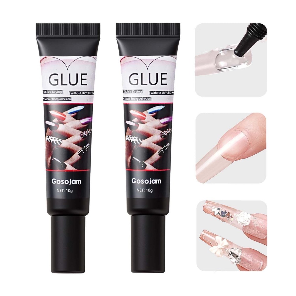 Gosojam Nail Glue 2-Pack – Fast-Drying, Long-Lasting Adhesive for Acrylic, Press-On & Gel Nails – Water-Resistant, No UV/LED Needed, 10g x 2 – Strong Bond, Gentle on Nails, Ideal for DIY & Salon Use - görsel 1