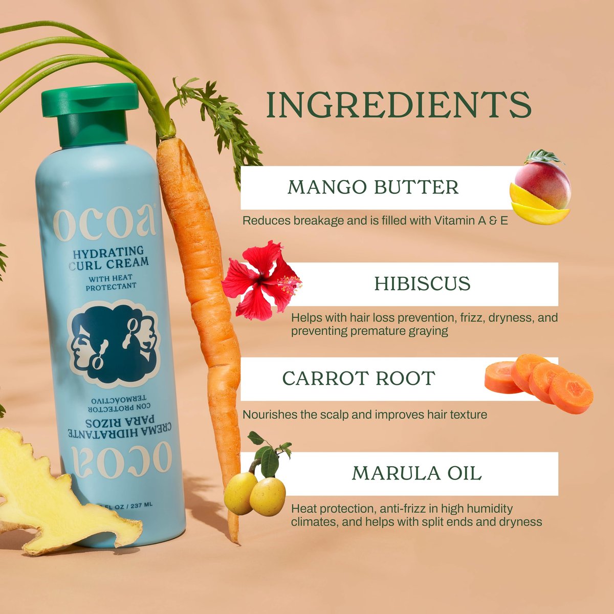 OCOA Beauty Hydrating Curl Cream with Hibiscus, Mango Butter & Marula Oil – Curl Defining Cream for Curly & Wavy Hair – Moisturizes, Controls Frizz, Adds Shine & Softness, Protects from Heat – 8oz Avelisse