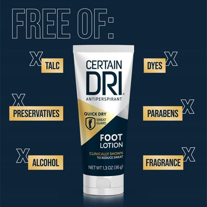 Certain Dri Antiperspirant Foot Lotion – 24-Hour Sweat & Odor Protection, Quick-Drying Non-Sticky Formula, Dermatologist-Tested, 1.3 oz