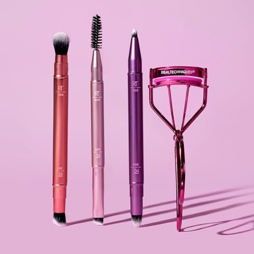 Real Techniques Double Time Brush + Lash 4 Piece Set – Dual-Ended Eye Makeup Brushes, Travel-Friendly Storage Caps, Eyelash Curler Included, Cruelty-Free Avelisse