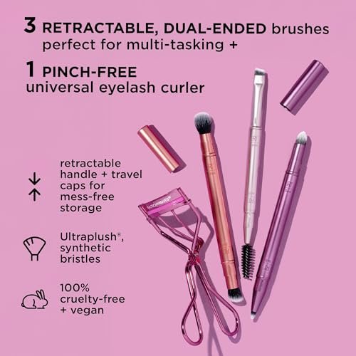 Real Techniques Double Time Brush + Lash 4 Piece Set – Dual-Ended Eye Makeup Brushes, Travel-Friendly Storage Caps, Eyelash Curler Included, Cruelty-Free Avelisse