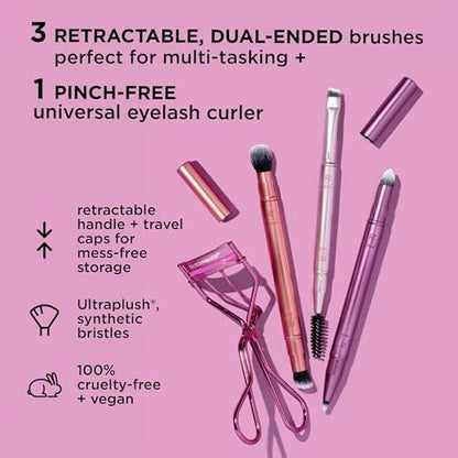 Real Techniques Double Time Brush + Lash 4 Piece Set – Dual-Ended Eye Makeup Brushes, Travel-Friendly Storage Caps, Eyelash Curler Included, Cruelty-Free Avelisse