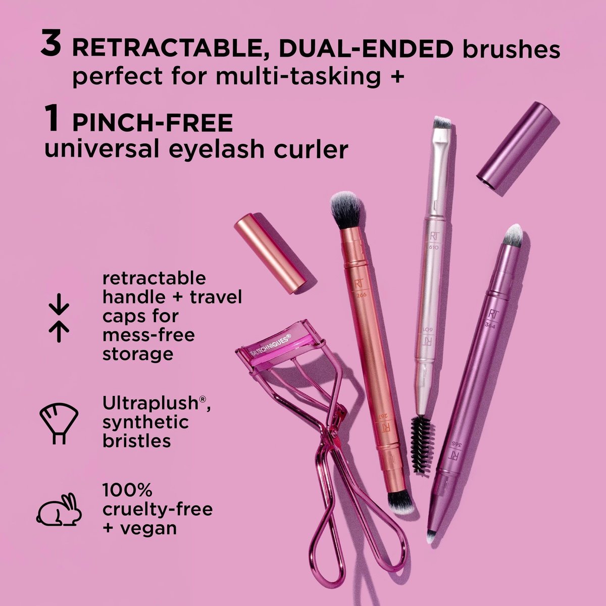 Real Techniques Double Time Brush + Lash 4 Piece Set – Dual-Ended Eye Makeup Brushes, Travel-Friendly Storage Caps, Eyelash Curler Included, Cruelty-Free Avelisse