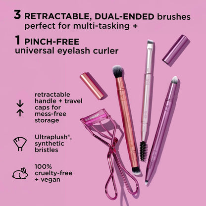 Real Techniques Double Time Brush + Lash 4 Piece Set – Dual-Ended Eye Makeup Brushes, Travel-Friendly Storage Caps, Eyelash Curler Included, Cruelty-Free Avelisse