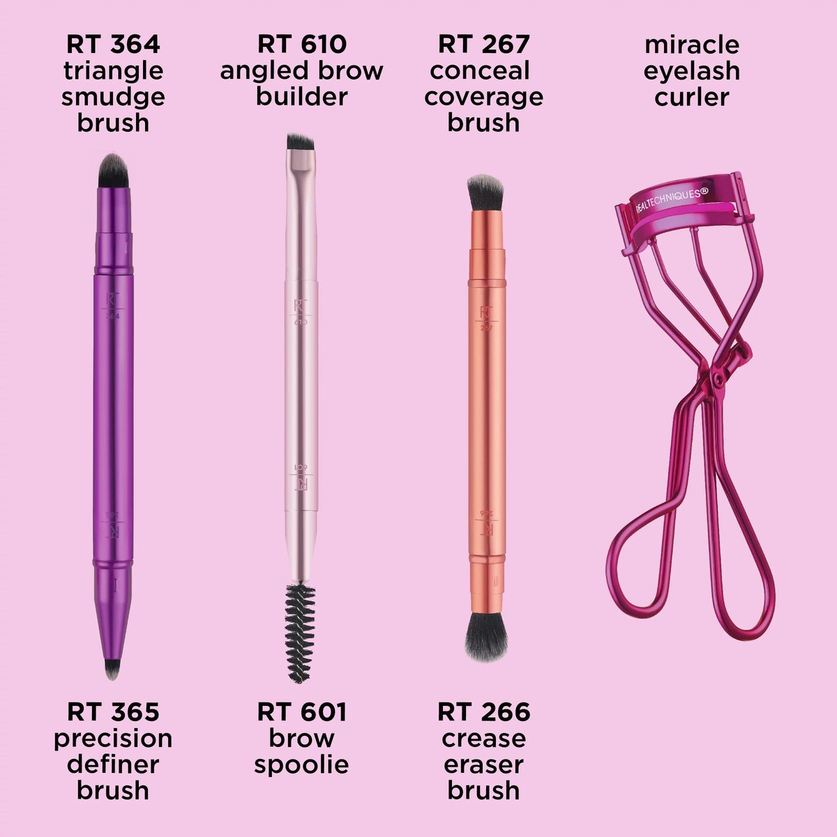 Real Techniques Double Time Brush + Lash 4 Piece Set – Dual-Ended Eye Makeup Brushes, Travel-Friendly Storage Caps, Eyelash Curler Included, Cruelty-Free Avelisse