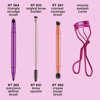 Real Techniques Double Time Brush + Lash 4 Piece Set – Dual-Ended Eye Makeup Brushes, Travel-Friendly Storage Caps, Eyelash Curler Included, Cruelty-Free Avelisse