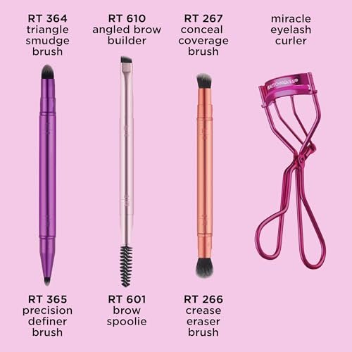 Real Techniques Double Time Brush + Lash 4 Piece Set – Dual-Ended Eye Makeup Brushes, Travel-Friendly Storage Caps, Eyelash Curler Included, Cruelty-Free Avelisse