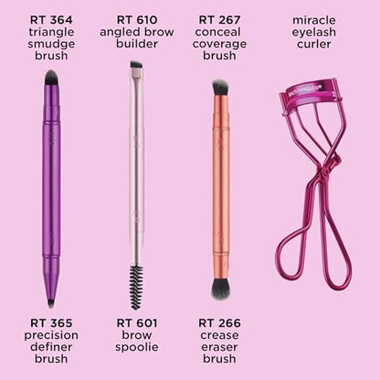 Real Techniques Double Time Brush + Lash 4 Piece Set – Dual-Ended Eye Makeup Brushes, Travel-Friendly Storage Caps, Eyelash Curler Included, Cruelty-Free Avelisse