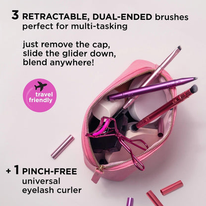 Real Techniques Double Time Brush + Lash 4 Piece Set – Dual-Ended Eye Makeup Brushes, Travel-Friendly Storage Caps, Eyelash Curler Included, Cruelty-Free Avelisse