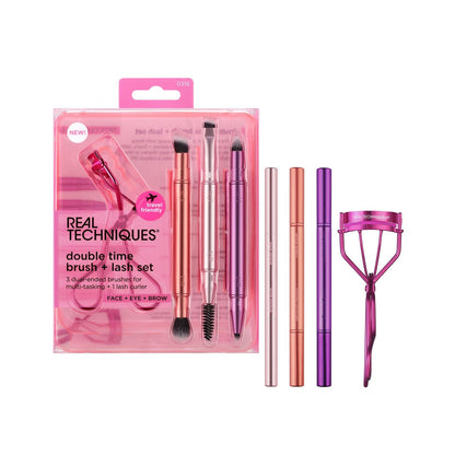 Real Techniques Double Time Brush + Lash 4 Piece Set – Dual-Ended Eye Makeup Brushes, Travel-Friendly Storage Caps, Eyelash Curler Included, Cruelty-Free Avelisse