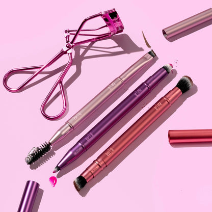 Real Techniques Double Time Brush + Lash 4 Piece Set – Dual-Ended Eye Makeup Brushes, Travel-Friendly Storage Caps, Eyelash Curler Included, Cruelty-Free Avelisse