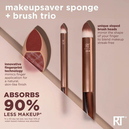 Real Techniques Makeupsaver Sponge + Brush Trio – Makeup Blending Sponge & Brushes for Liquid & Cream Foundation, Natural Finish, Reduces Makeup Waste, Cruelty-Free & Latex-Free, 3 Piece Set Avelisse