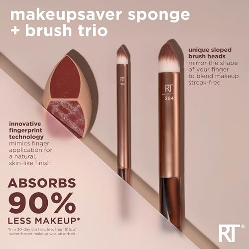 Real Techniques Makeupsaver Sponge + Brush Trio – Makeup Blending Sponge & Brushes for Liquid & Cream Foundation, Natural Finish, Reduces Makeup Waste, Cruelty-Free & Latex-Free, 3 Piece Set Avelisse
