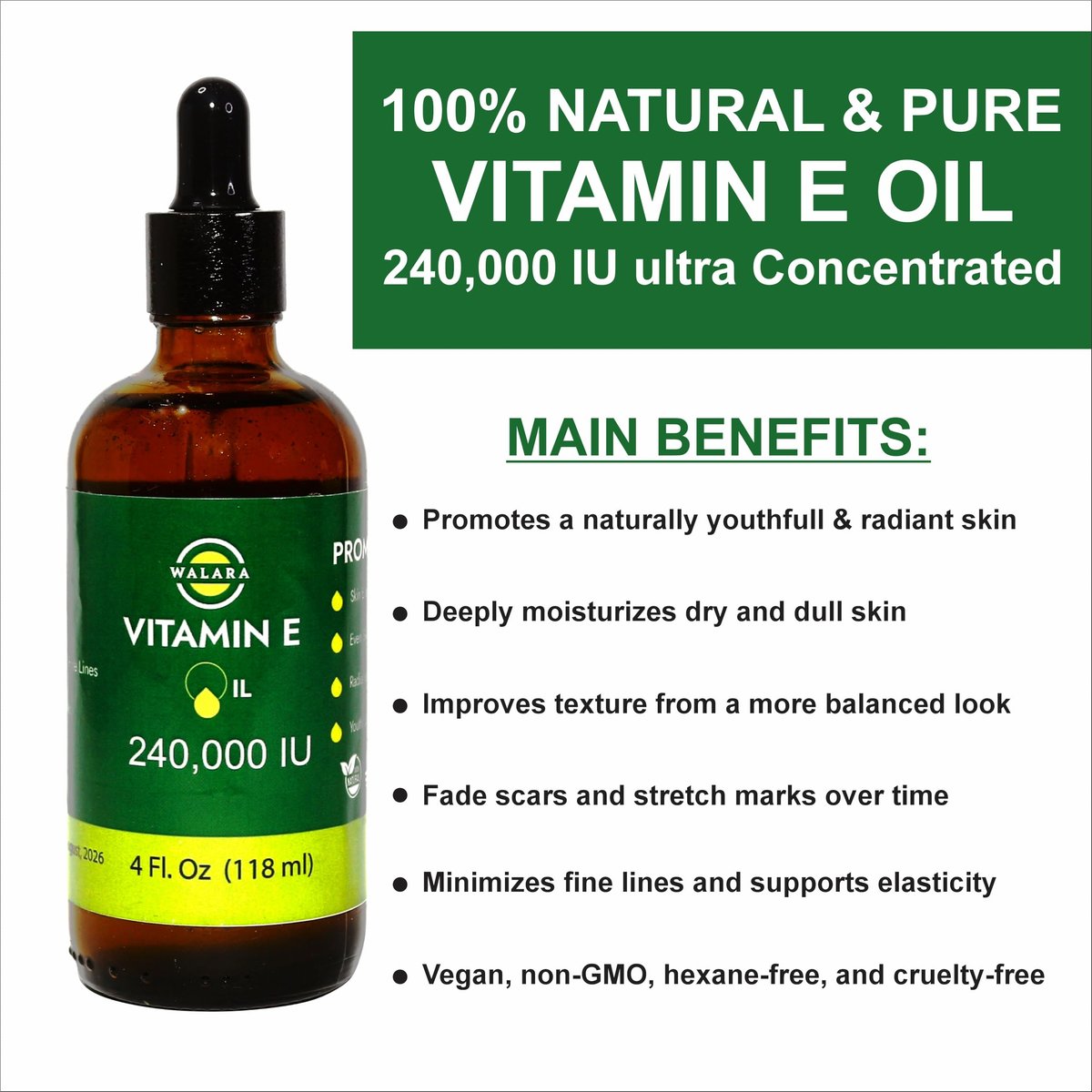 WALARA Vitamin E Oil 100% Pure 240,000 IU (4oz) - Natural, Non-GMO for Skin & Hair Avelisse