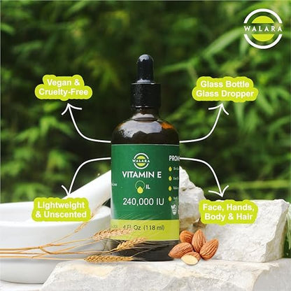 WALARA Vitamin E Oil 100% Pure 240,000 IU (4oz) - Natural, Non-GMO for Skin & Hair Avelisse