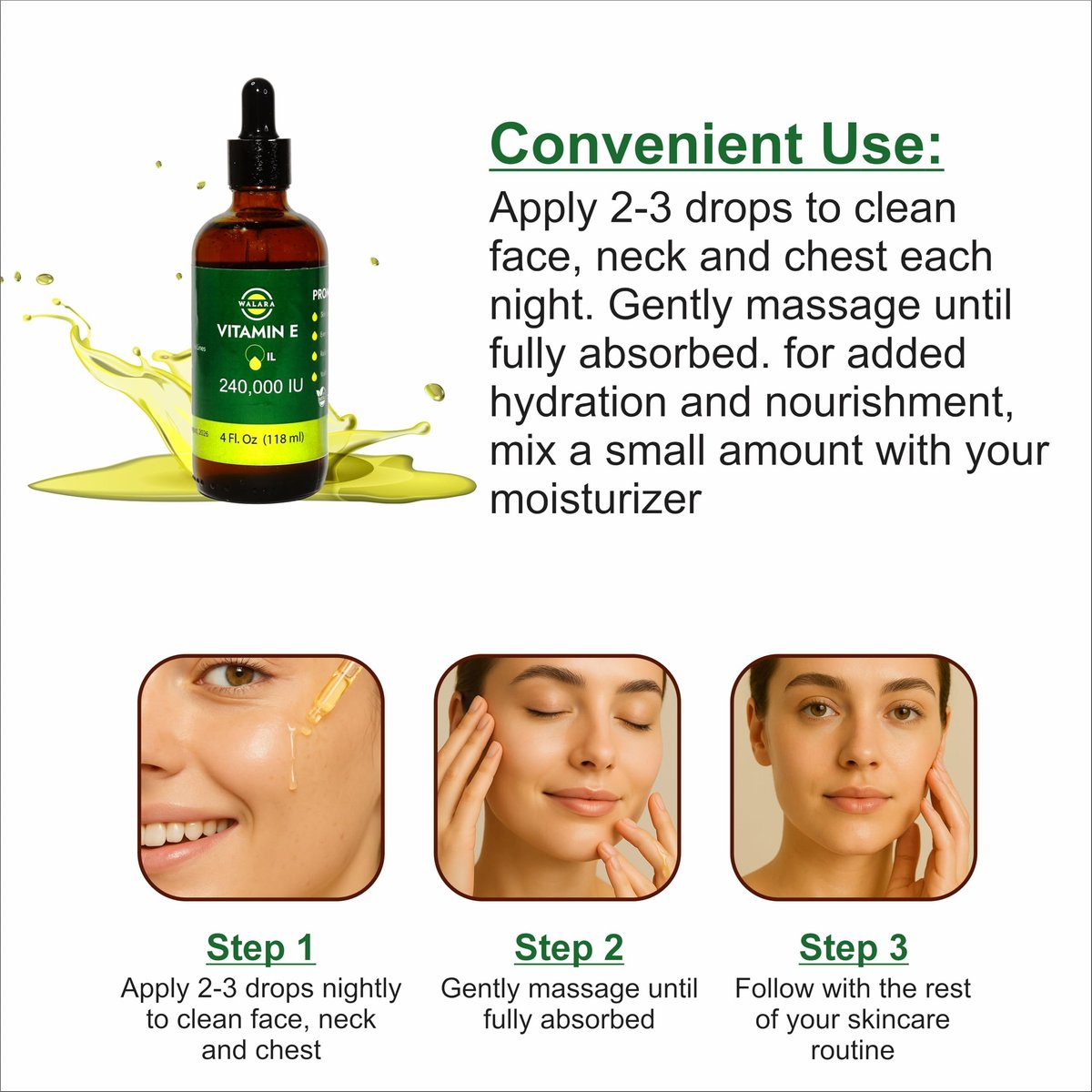 WALARA Vitamin E Oil 100% Pure 240,000 IU (4oz) - Natural, Non-GMO for Skin & Hair Avelisse
