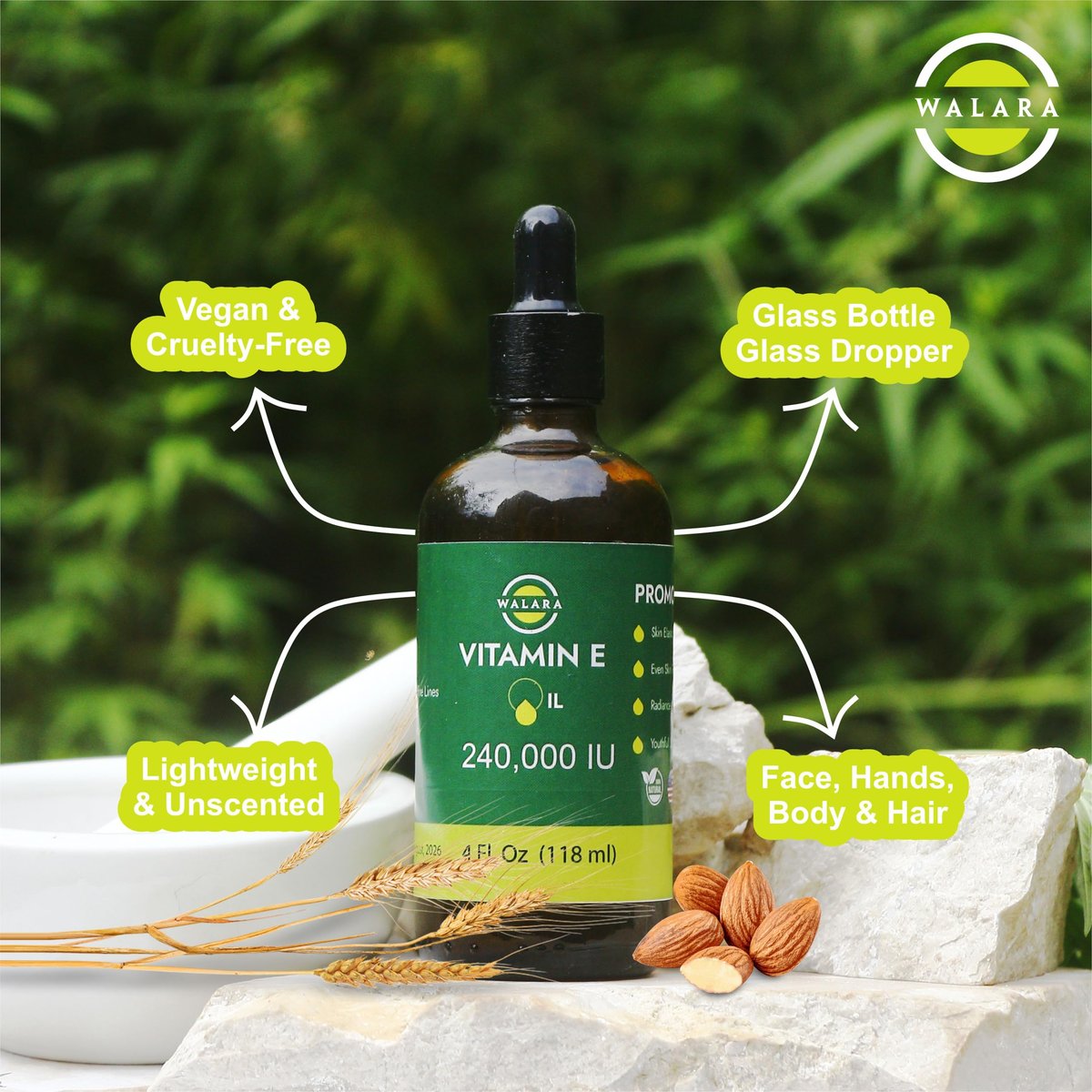 WALARA Vitamin E Oil 100% Pure 240,000 IU (4oz) - Natural, Non-GMO for Skin & Hair Avelisse