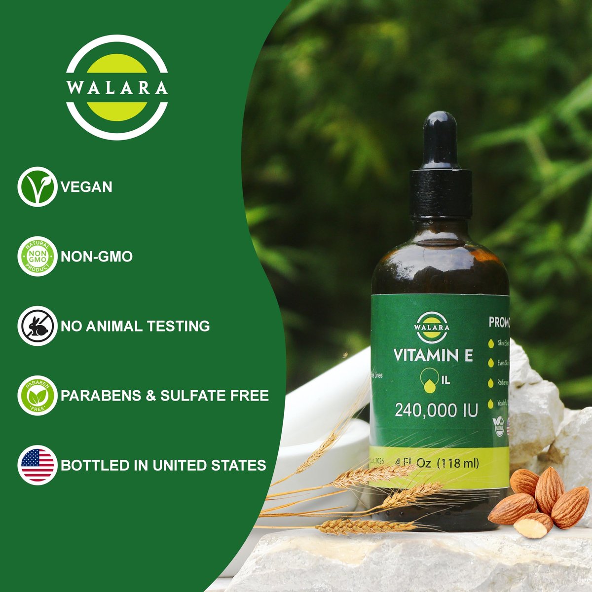 WALARA Vitamin E Oil 100% Pure 240,000 IU (4oz) - Natural, Non-GMO for Skin & Hair Avelisse