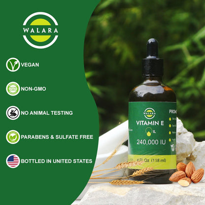WALARA Vitamin E Oil 100% Pure 240,000 IU (4oz) - Natural, Non-GMO for Skin & Hair Avelisse