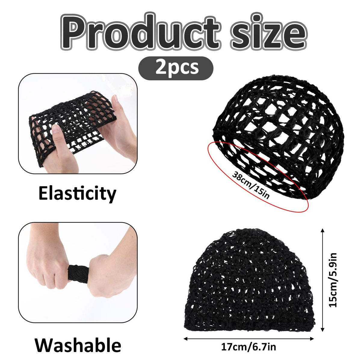 ZEYIYER 2PCS Hair Nets for Sleeping – Silk Press Wrap for Hair, Crochet Hair Net for Women, Black - görsel 3