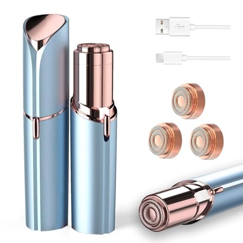 Tuokiy Painless Facial Hair Removal for Women – USB Rechargeable Face Shaver with 3 Heads, Blue Avelisse