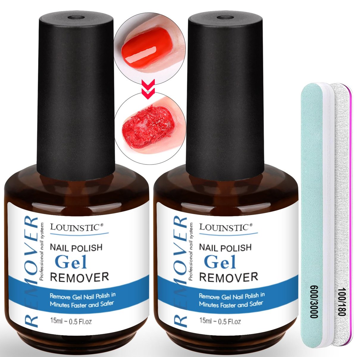 LOUINSTIC Gel Nail Polish Remover Kit – 2pcs Fast Gel Remover with Nail Files, No Soak, No Wrap, No Irritation Avelisse