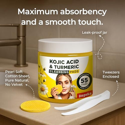 LTEPSKA Turmeric Kojic Acid Cleansing Pads - 55 Pcs Dark Spot Remover & Skin Brightening Towelettes with Vitamin C