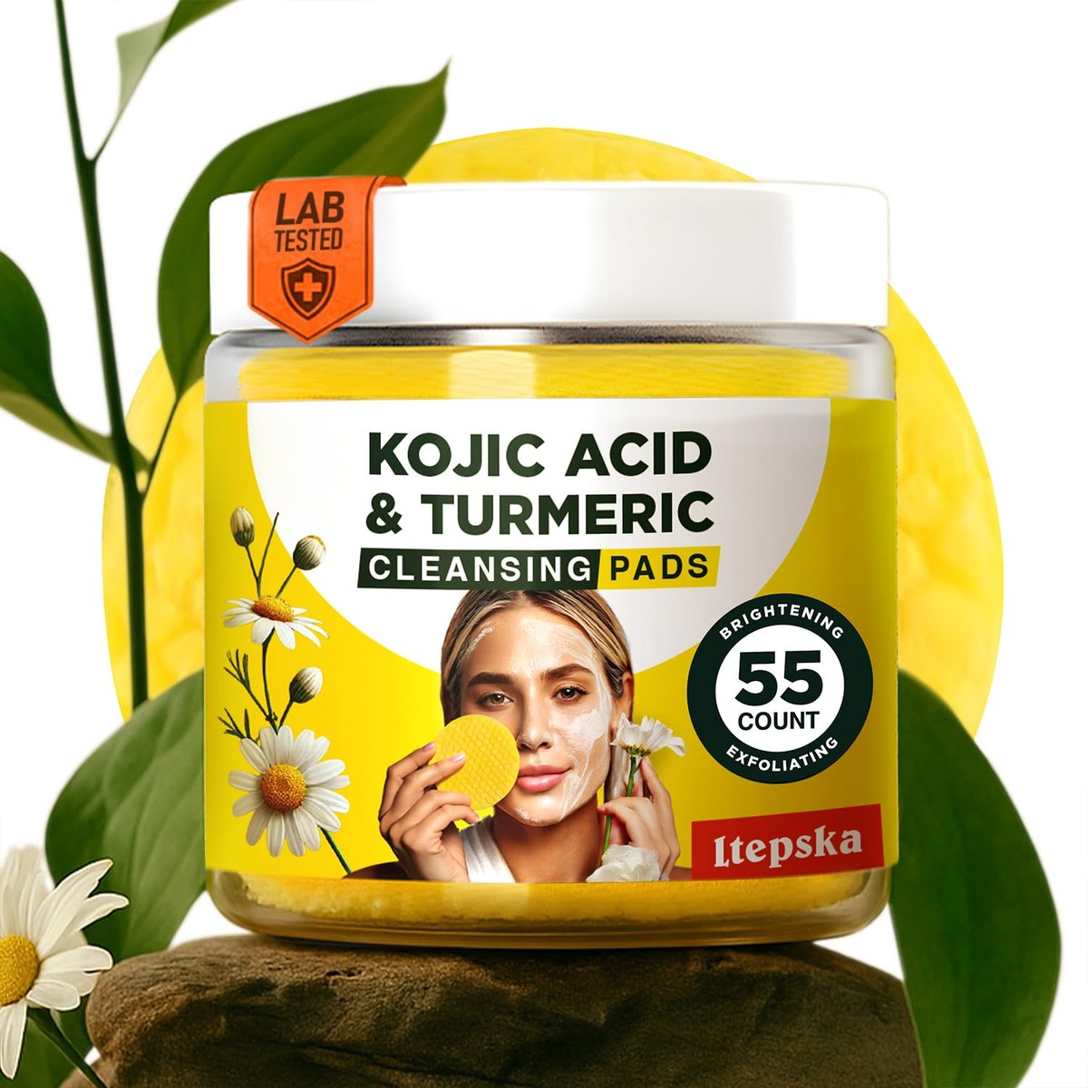 LTEPSKA Turmeric Kojic Acid Cleansing Pads - 55 Pcs Dark Spot Remover & Skin Brightening Towelettes with Vitamin C - görsel 1