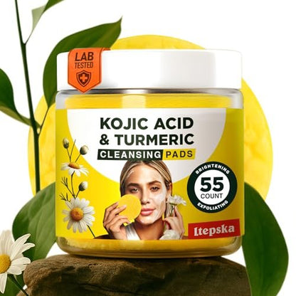 LTEPSKA Turmeric Kojic Acid Cleansing Pads - 55 Pcs Dark Spot Remover & Skin Brightening Towelettes with Vitamin C