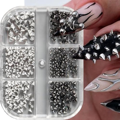 3D Mini Metal Punk Nail Art Studs Mixed Sizes Gold Black Cone Spikes Alloy Rivets Jewelry Steel Balls Jewels for Women Goth Manicure Charms Accessories DIY Crafts Decorations