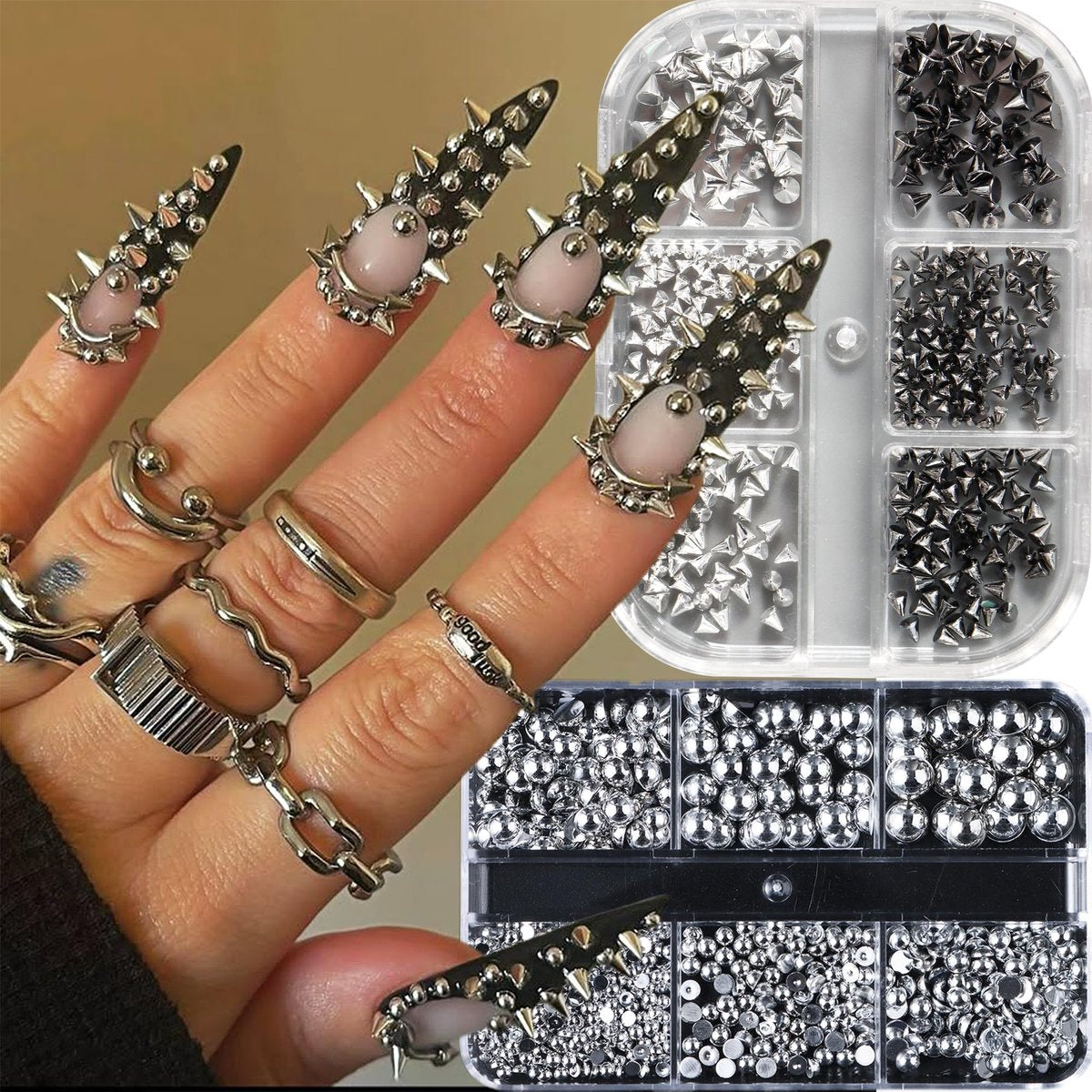 3D Mini Metal Punk Nail Art Studs Mixed Sizes Gold Black Cone Spikes Alloy Rivets Jewelry Steel Balls Jewels for Women Goth Manicure Charms Accessories DIY Crafts Decorations - görsel 5