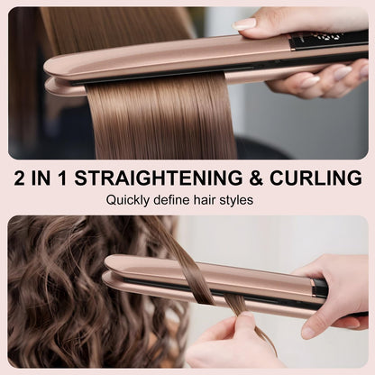 UNOBEY Hair Straightener with Ceramic Floating Plates – Dual Voltage Digital Display 150°C–230°C Flat Iron & Curler 2 in 1 for All Hair Types (Gold) Avelisse