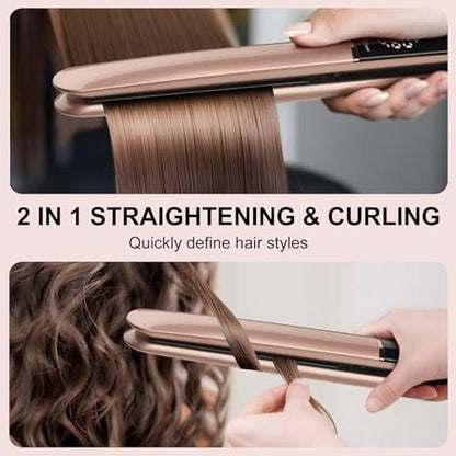 UNOBEY Hair Straightener with Ceramic Floating Plates – Dual Voltage Digital Display 150°C–230°C Flat Iron & Curler 2 in 1 for All Hair Types (Gold) Avelisse