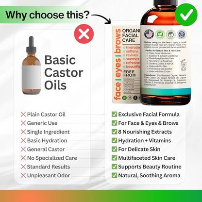 SELFWISE Organic Castor Oil Face Moisturizer for Eyes, Eyelashes, Eyebrows & Wrinkles with Jojoba, Rosehip, Grapeseed, Squalane, Palmarosa, Bergamot & Vitamin E - Gentle Skin, Men & Women, 1 oz