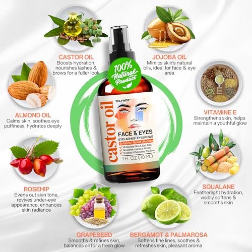 SELFWISE Organic Castor Oil Face Moisturizer for Eyes, Eyelashes, Eyebrows & Wrinkles with Jojoba, Rosehip, Grapeseed, Squalane, Palmarosa, Bergamot & Vitamin E - Gentle Skin, Men & Women, 1 oz - görsel 8