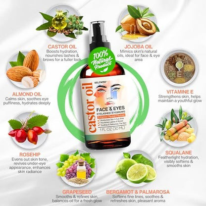 SELFWISE Organic Castor Oil Face Moisturizer for Eyes, Eyelashes, Eyebrows & Wrinkles with Jojoba, Rosehip, Grapeseed, Squalane, Palmarosa, Bergamot & Vitamin E - Gentle Skin, Men & Women, 1 oz