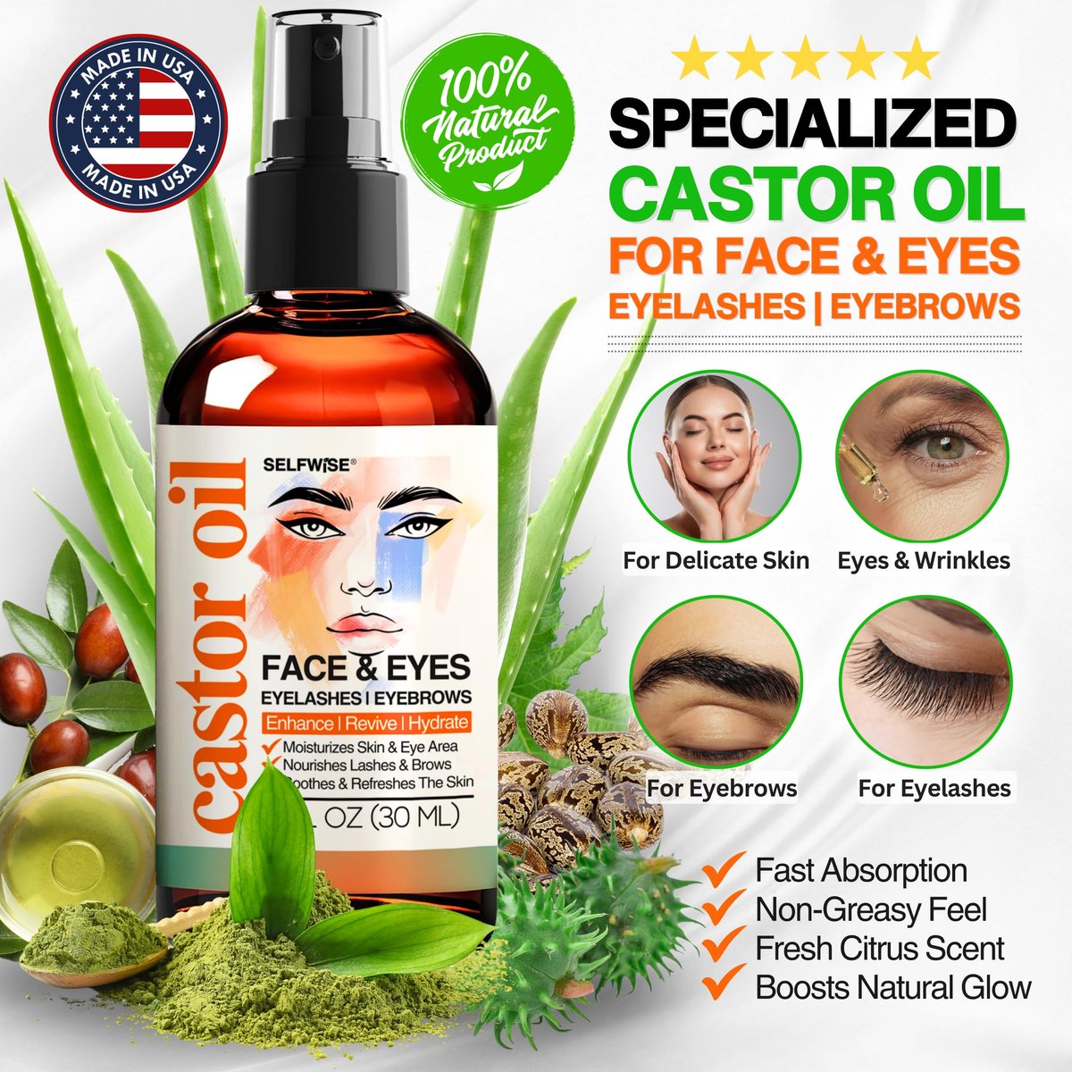 SELFWISE Organic Castor Oil Face Moisturizer for Eyes, Eyelashes, Eyebrows & Wrinkles with Jojoba, Rosehip, Grapeseed, Squalane, Palmarosa, Bergamot & Vitamin E - Gentle Skin, Men & Women, 1 oz - görsel 3