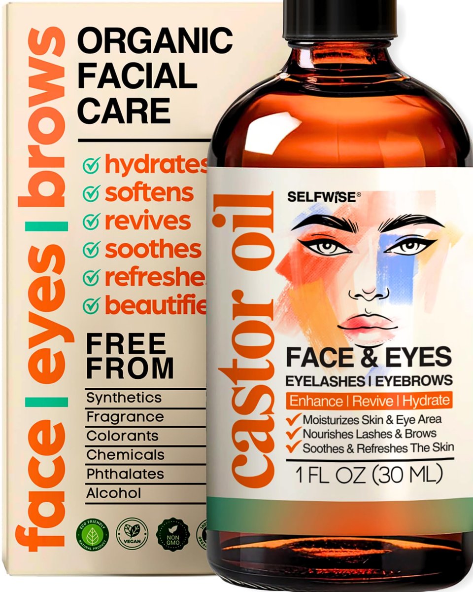 SELFWISE Organic Castor Oil Face Moisturizer for Eyes, Eyelashes, Eyebrows & Wrinkles with Jojoba, Rosehip, Grapeseed, Squalane, Palmarosa, Bergamot & Vitamin E - Gentle Skin, Men & Women, 1 oz - görsel 1