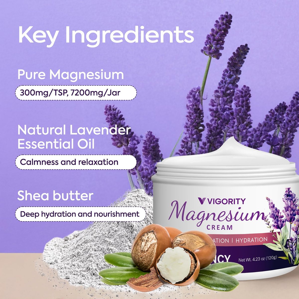 Vigority Magnesium Cream - Soothing Relief with Lavender, Vitamin E and Shea Butter, 4.23 oz Avelisse