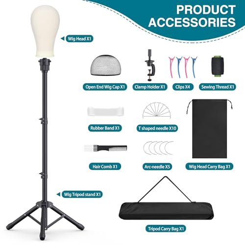 Retbtnm Wig Stand with Head 50 Inches - Height Adjustable Metal Tripod Wig Stand with 22-Inch Mannequin Head for Wig Display, Making, and Styling Avelisse
