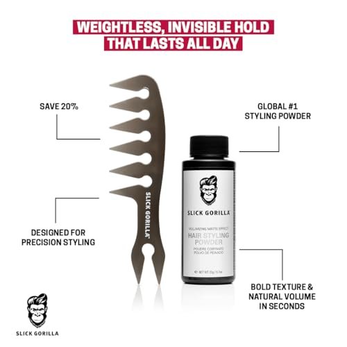 Slick Gorilla Hair Styling Texture Powder and Texture Comb - Matte Hair Powder for Men & Carbon Wide Tooth Comb for Volume, Thickening, Hold - Non-Greasy Men's Styling Products Avelisse