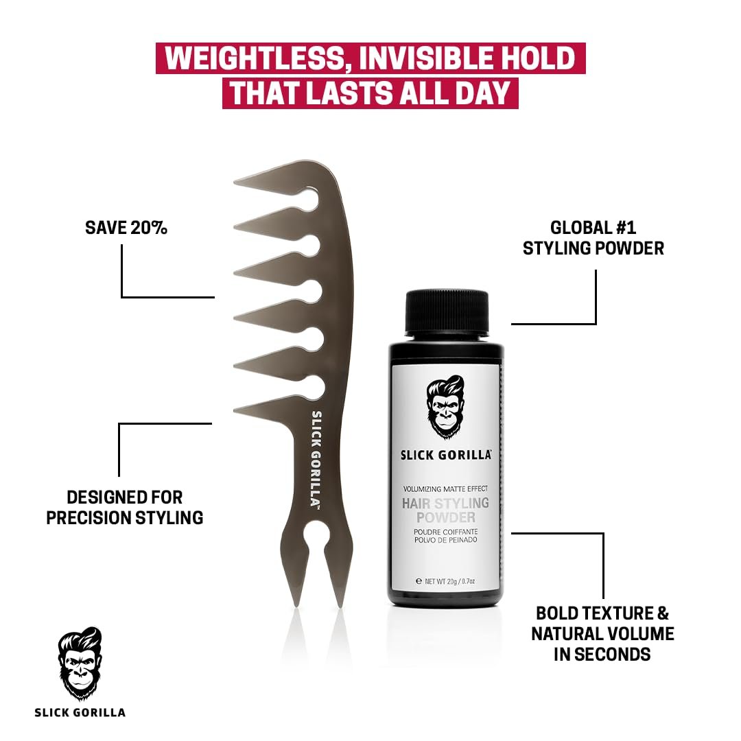 Slick Gorilla Hair Styling Texture Powder and Texture Comb - Matte Hair Powder for Men & Carbon Wide Tooth Comb for Volume, Thickening, Hold - Non-Greasy Men's Styling Products Avelisse