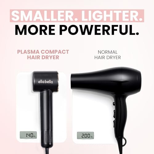 ELLA BELLA® Compact Plasma Hair Dryer – Advanced Titanium Blow Dryer with Digital Display, Low Noise, Diffuser & Nozzle, Luxury Velvet Travel Bag for All Hair Types Avelisse