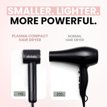 ELLA BELLA® Compact Plasma Hair Dryer – Advanced Titanium Blow Dryer with Digital Display, Low Noise, Diffuser & Nozzle, Luxury Velvet Travel Bag for All Hair Types Avelisse