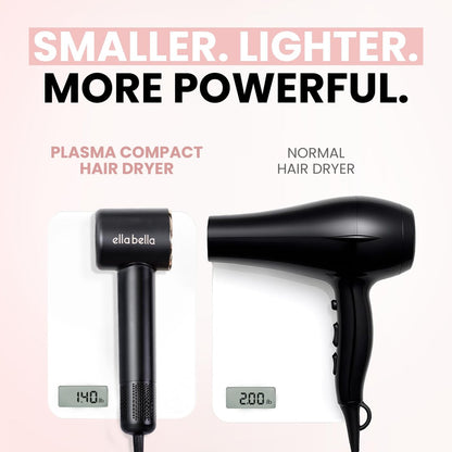 ELLA BELLA® Compact Plasma Hair Dryer – Advanced Titanium Blow Dryer with Digital Display, Low Noise, Diffuser & Nozzle, Luxury Velvet Travel Bag for All Hair Types Avelisse