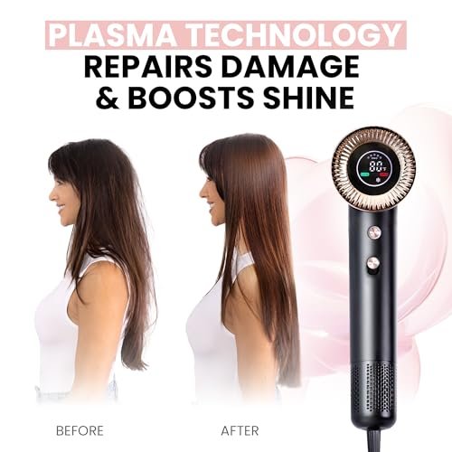 ELLA BELLA® Compact Plasma Hair Dryer – Advanced Titanium Blow Dryer with Digital Display, Low Noise, Diffuser & Nozzle, Luxury Velvet Travel Bag for All Hair Types Avelisse